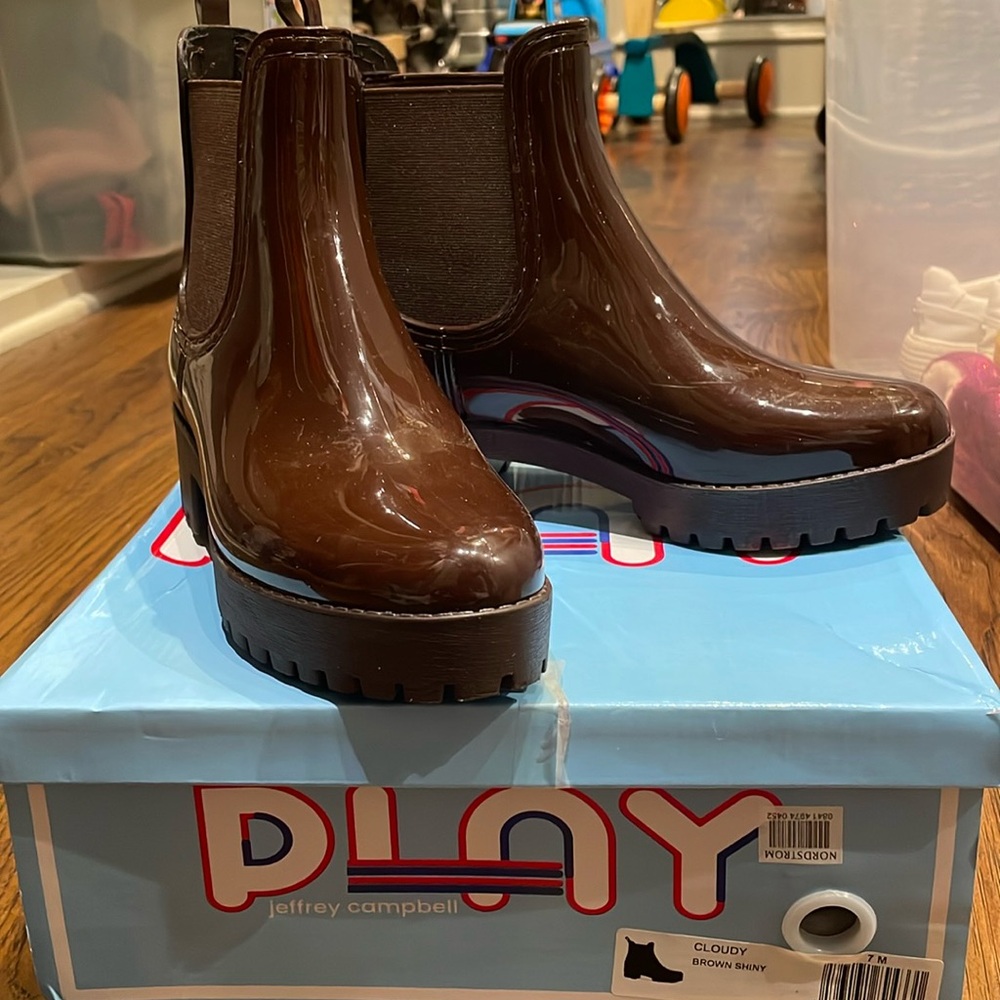 Jeffrey Campbell Cloudy Brown Shiny waterproof boots - barely worn